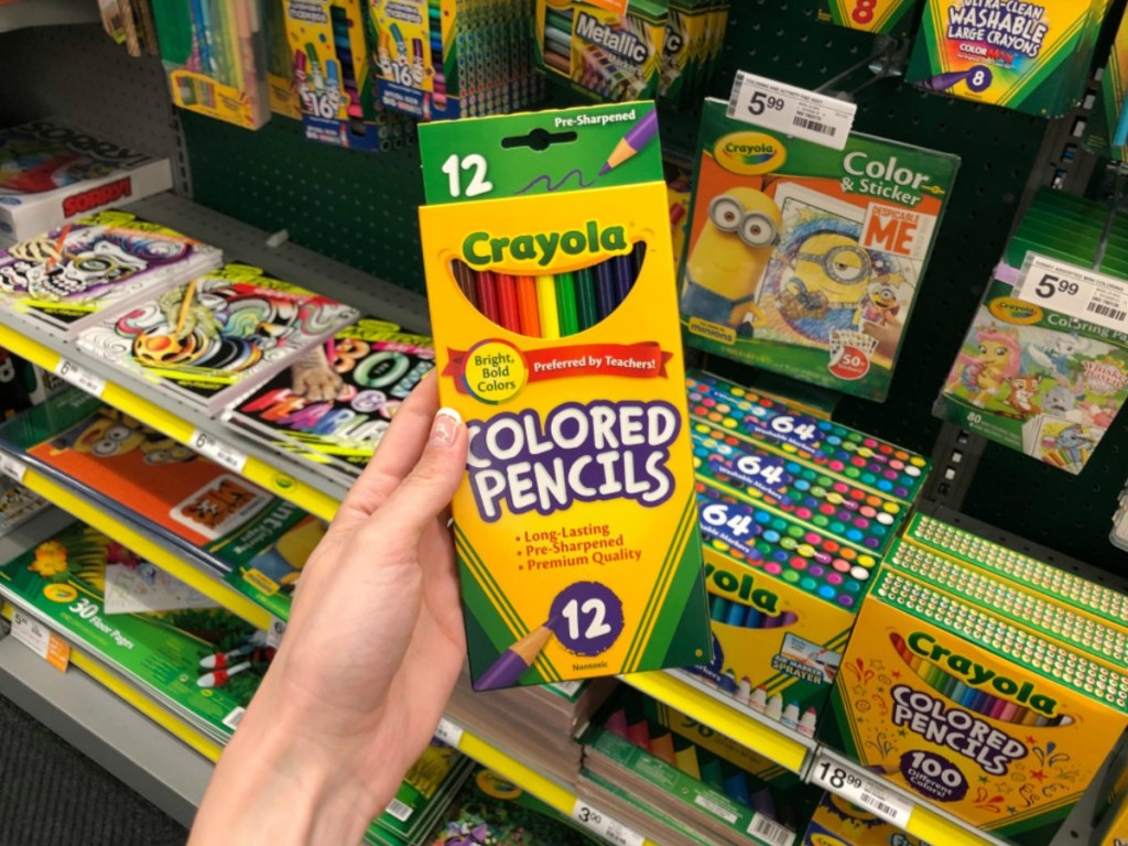 hand holding 12pack of crayola colored pencils