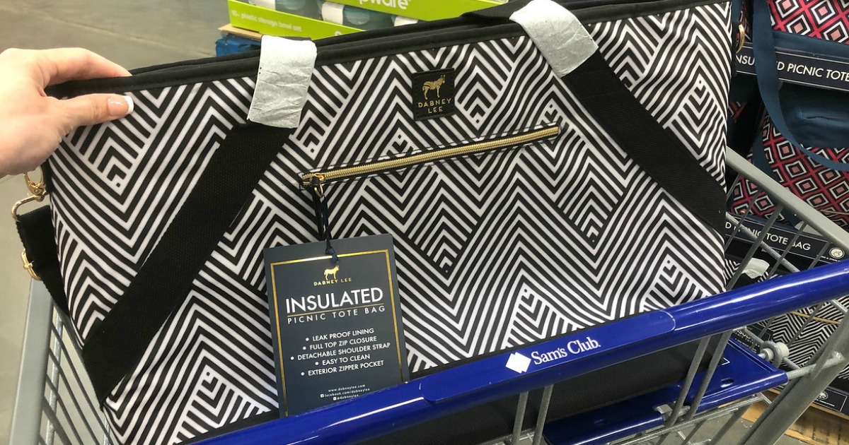 black and white stripped tote in Sam's Club grocery cart