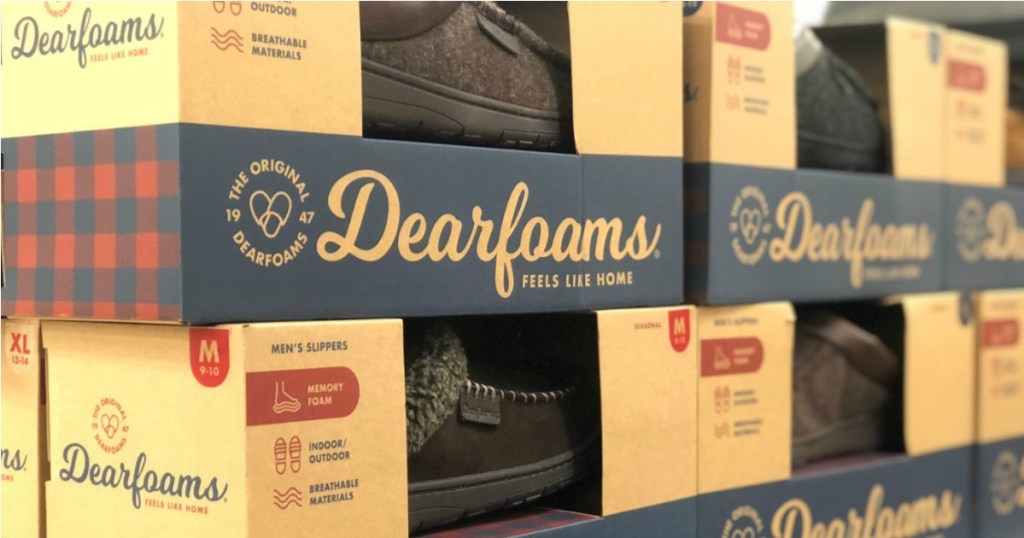 boxes of dearfoams slippers on shelf