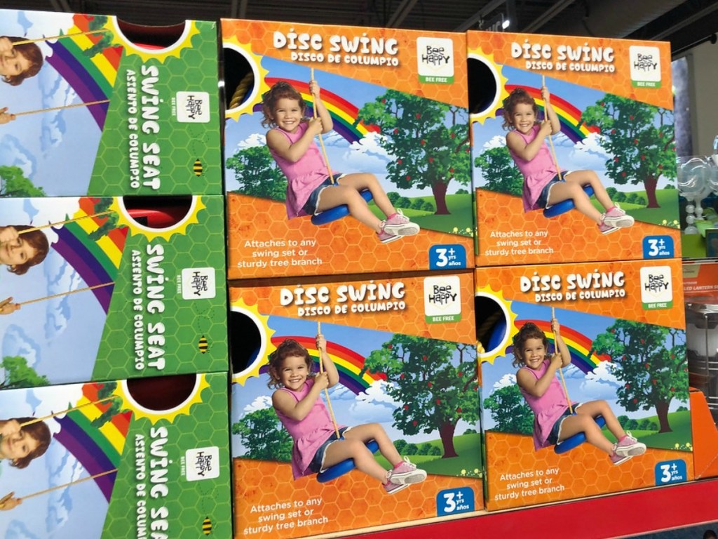 boxes with swings for kids on the store shelf