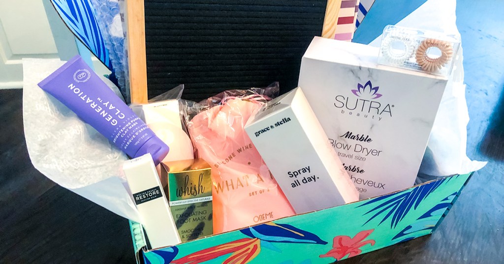 fabfitfun summer 2019 box open with beauty products inside