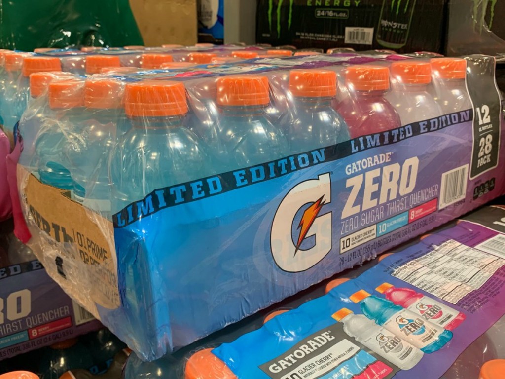 large 28 pack of gatorade juice in box at store