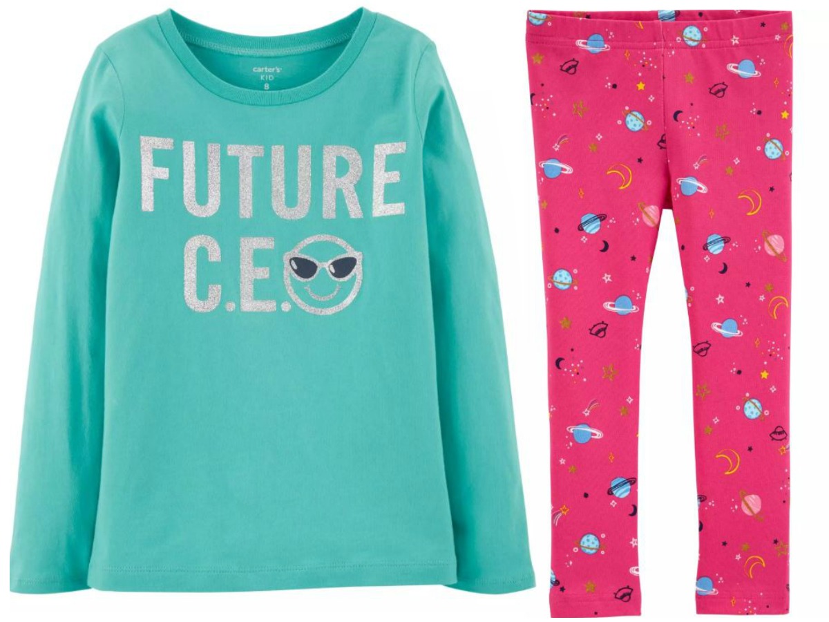 teal shirt with words and pink leggings for little girls