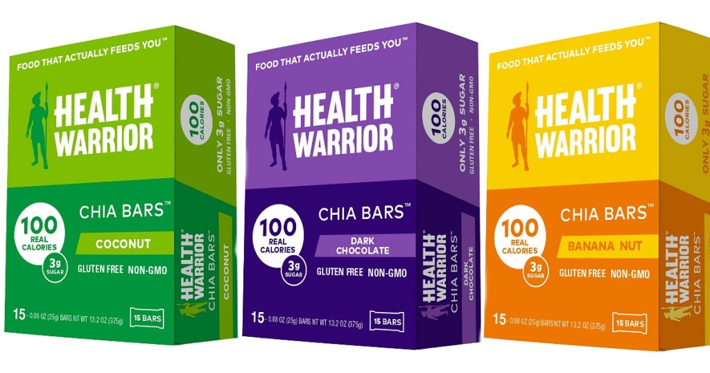 three boxes of health warrior chia bars in different flavors