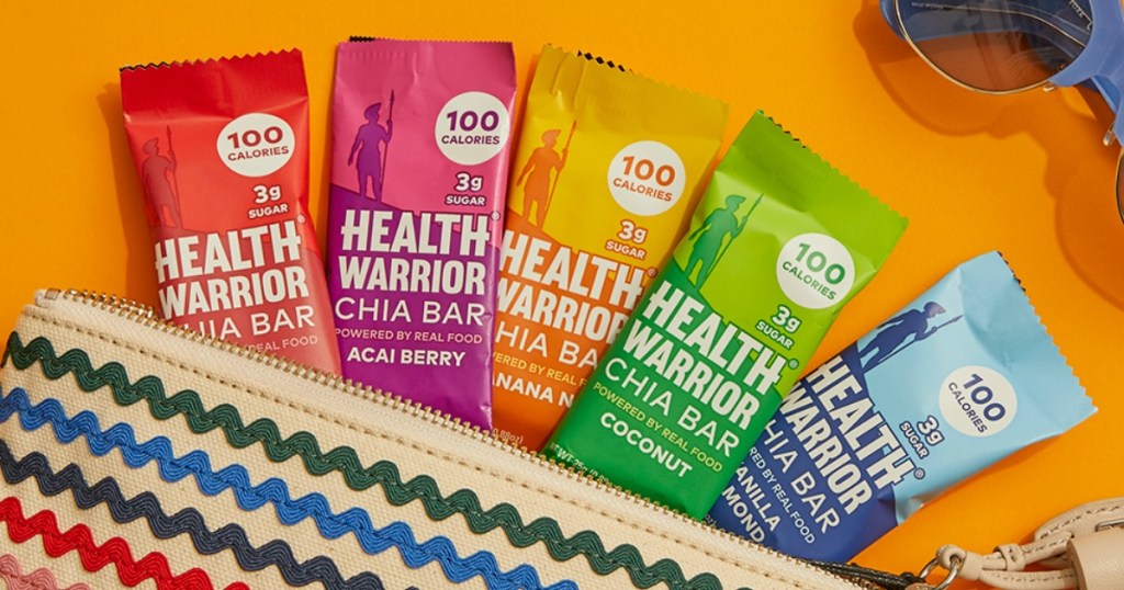 health warrior chia bars in a tote bag