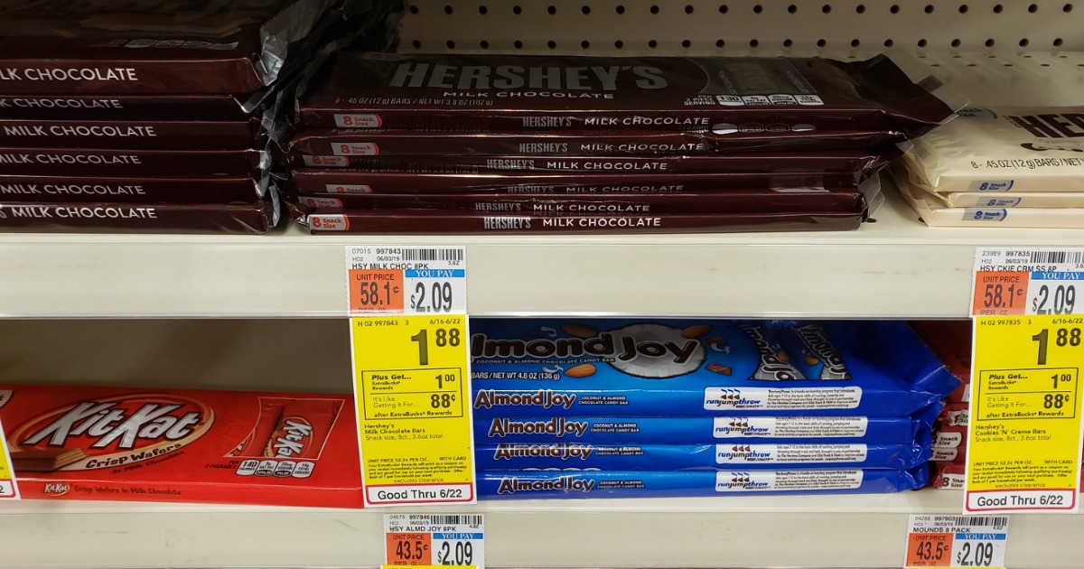 Hershey's candy bars multi-packs on a shelf in-store