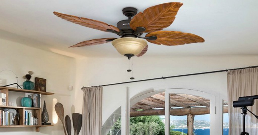 leaf fan with light fixture on ceiling