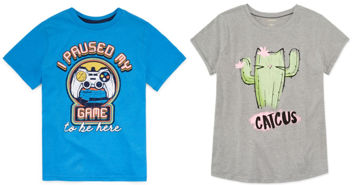 blue boys graphic tee with game controller and gray girls graphic tee with catcus