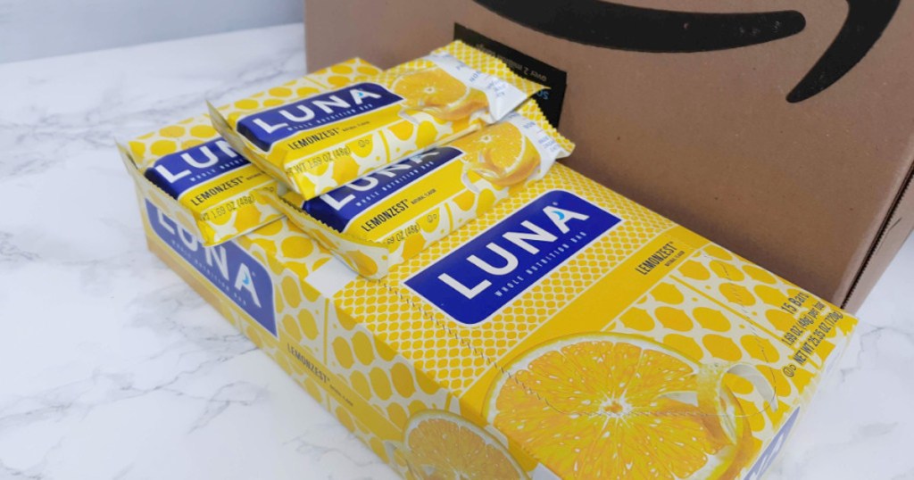 yellow luna bars box with amazon box