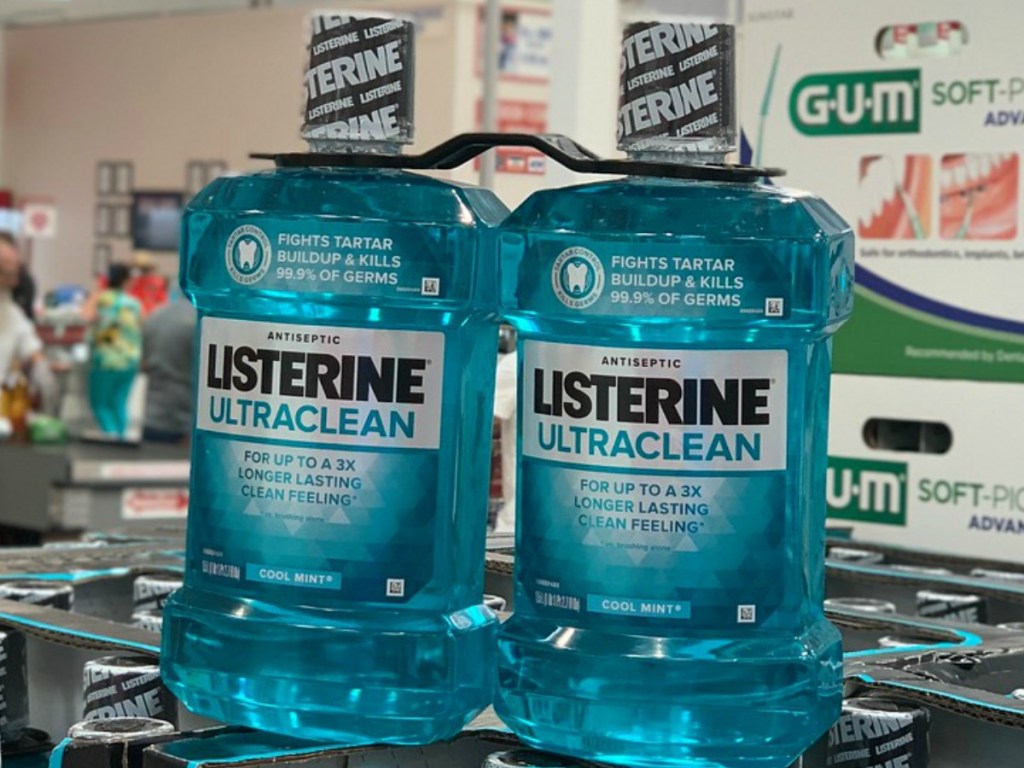 two bottles of mouthwash on display in store
