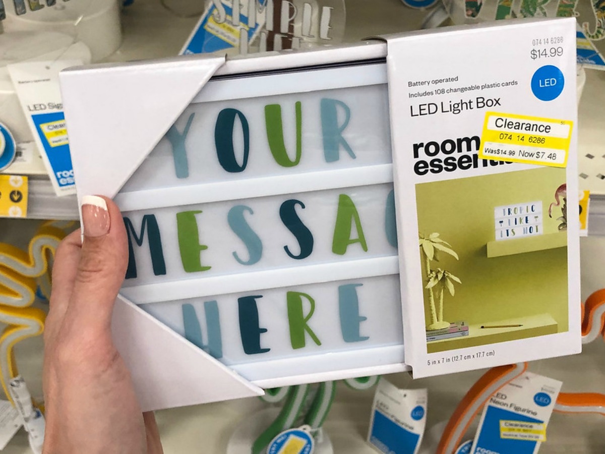 LED light box for messages with clearance sticker on box being held at Target