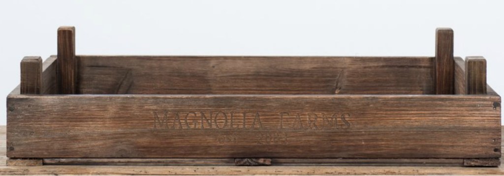 wood crate tray that has Magnolia Farms written on the front