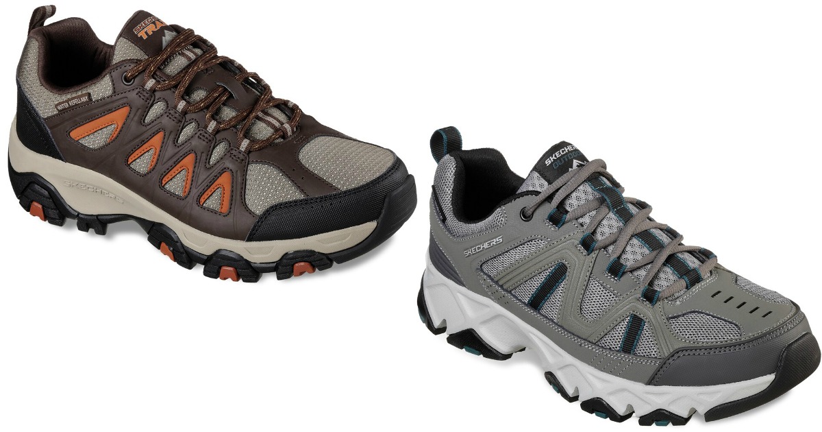 2 mens skechers shoes, one gray, one black and orange