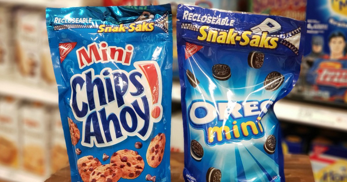 bags of mini chips ahoy and oreo cookies in a store