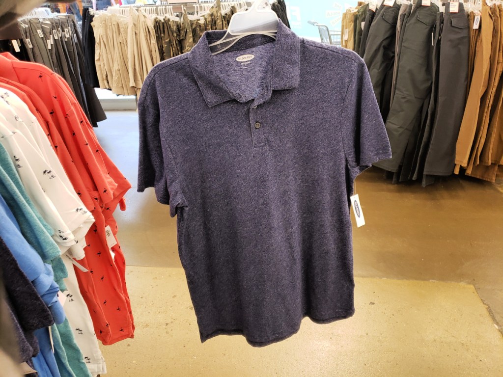 Soft-Washed Jersey Polo for Men in Lost at Sea Navy at Old Navy in Store with clothing in the background