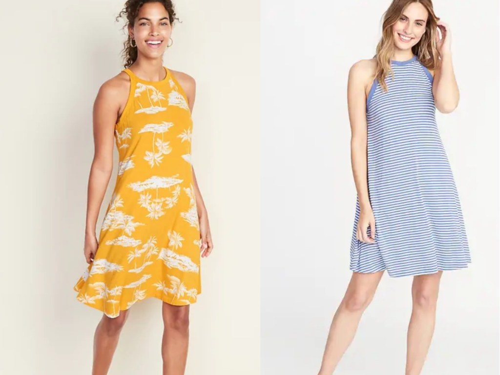 yellow and white dress and blue and white striped dress
