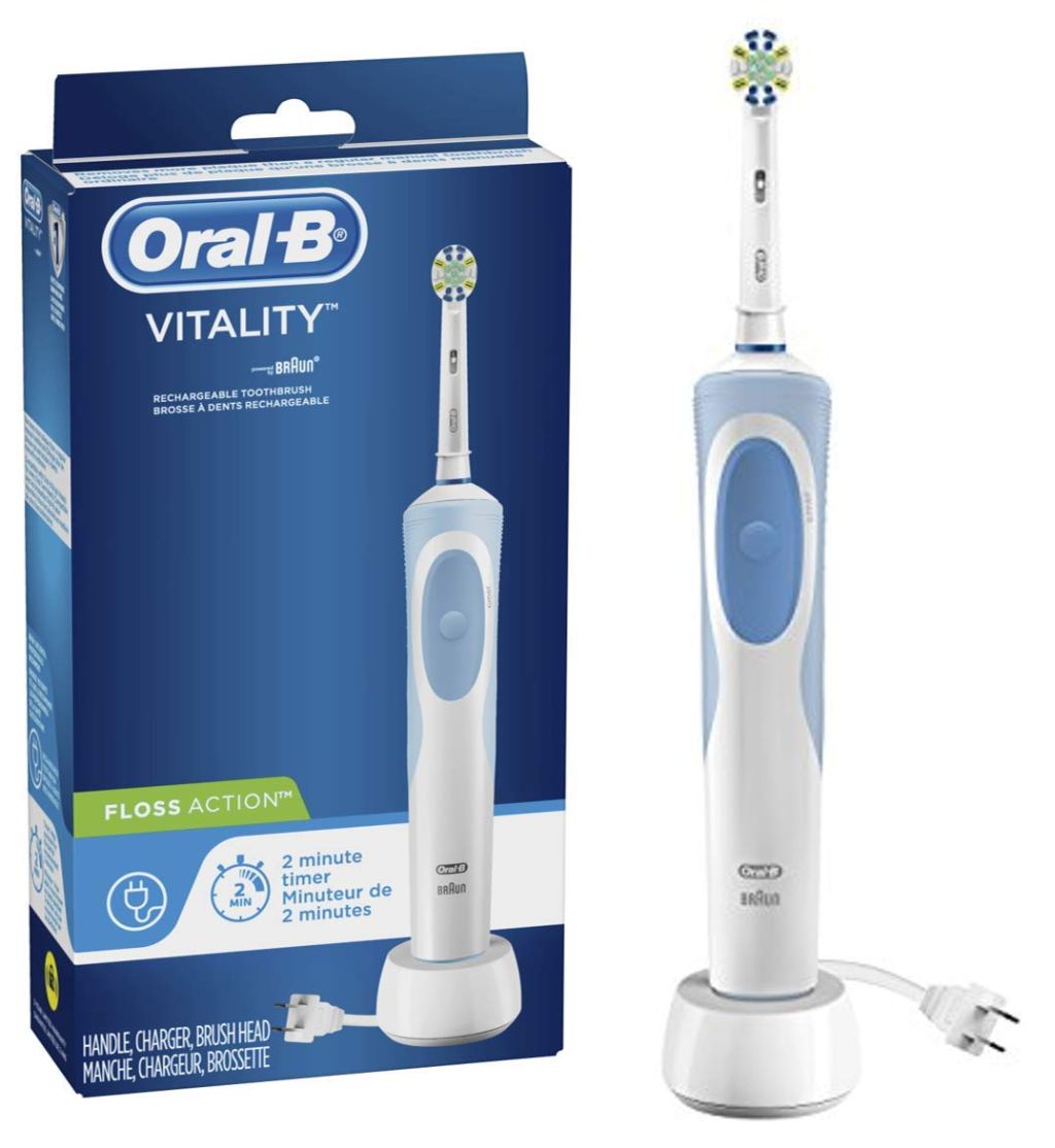 Oral B Vitality toothbrush in box next to toothbrush on charging stand out of box