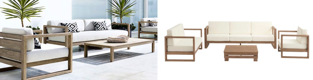 side by side of wood and white outdoor sets 
