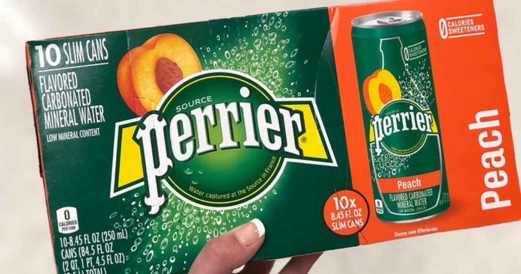 case of 10 perrier slim cans in peach flavor
