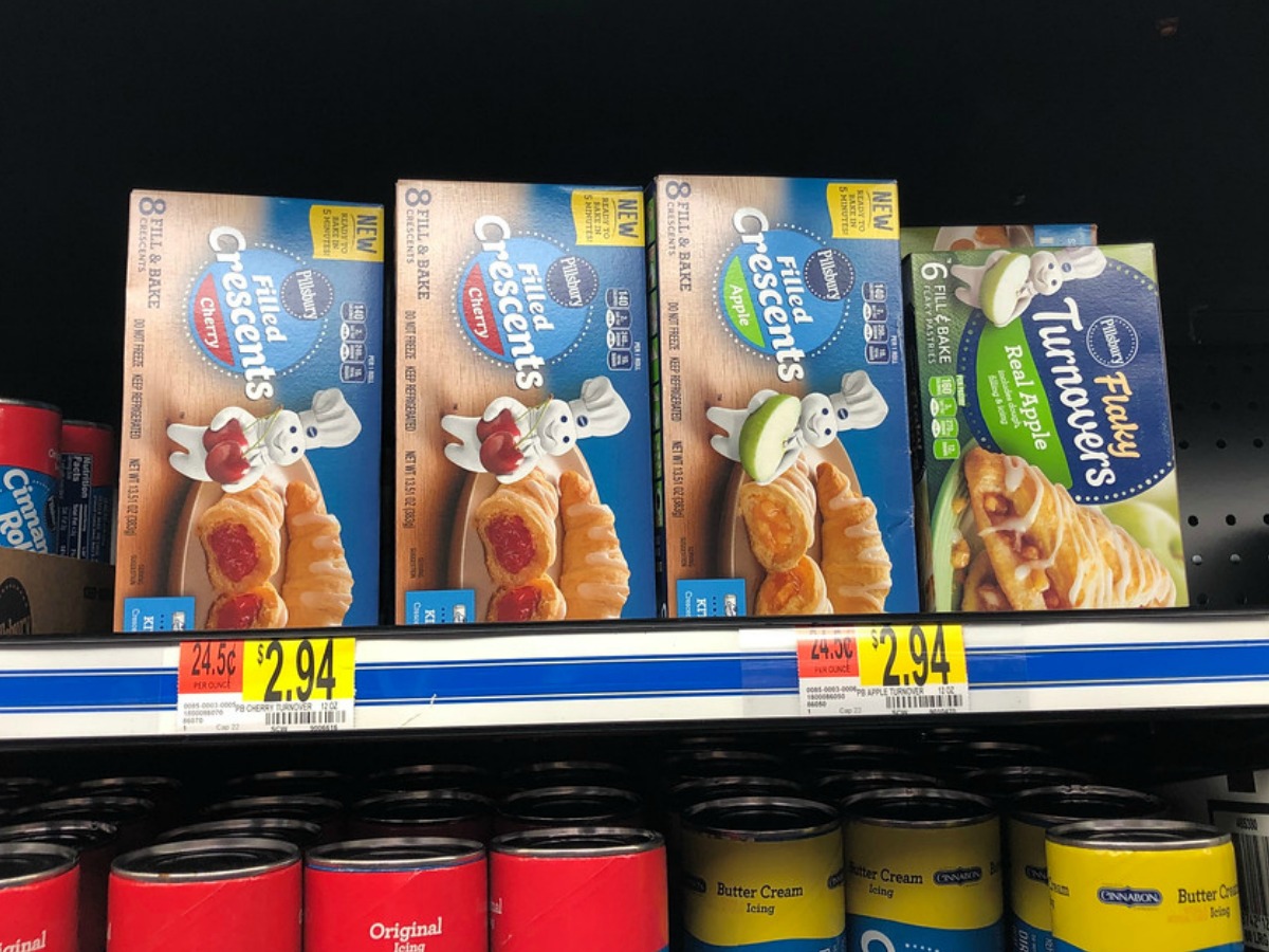 boxes of Pillsbury filled crescent kits on a Walmart store shelf