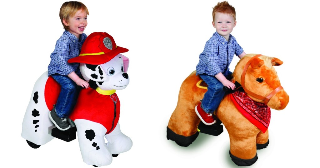 boy on paw patrol ride-on plush and another boy on horse ride-on plush