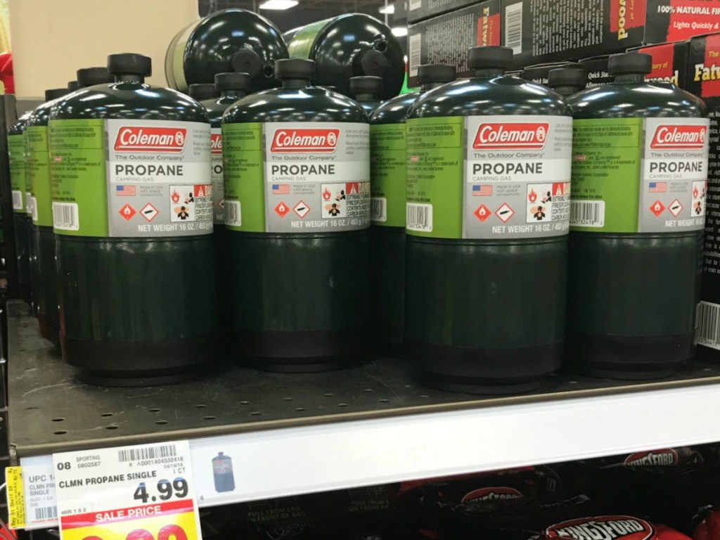 Coleman single propane tank on store shelf