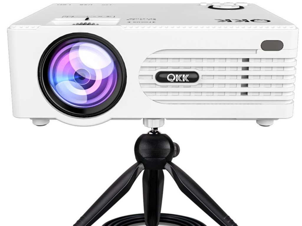qkk mini projector on tripod with white background