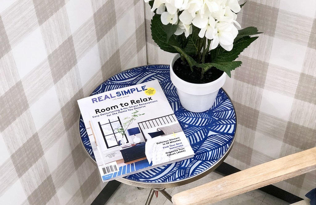 real simple magazine on table with flowers