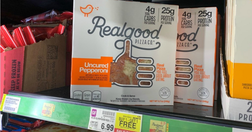 realgood pizza displayed in store fridge