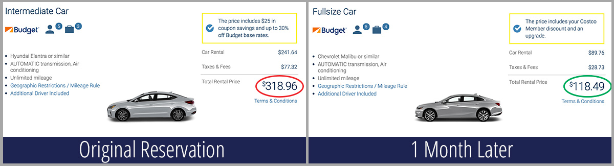 side by side comparison of car rental prices using a Costco car rental discount