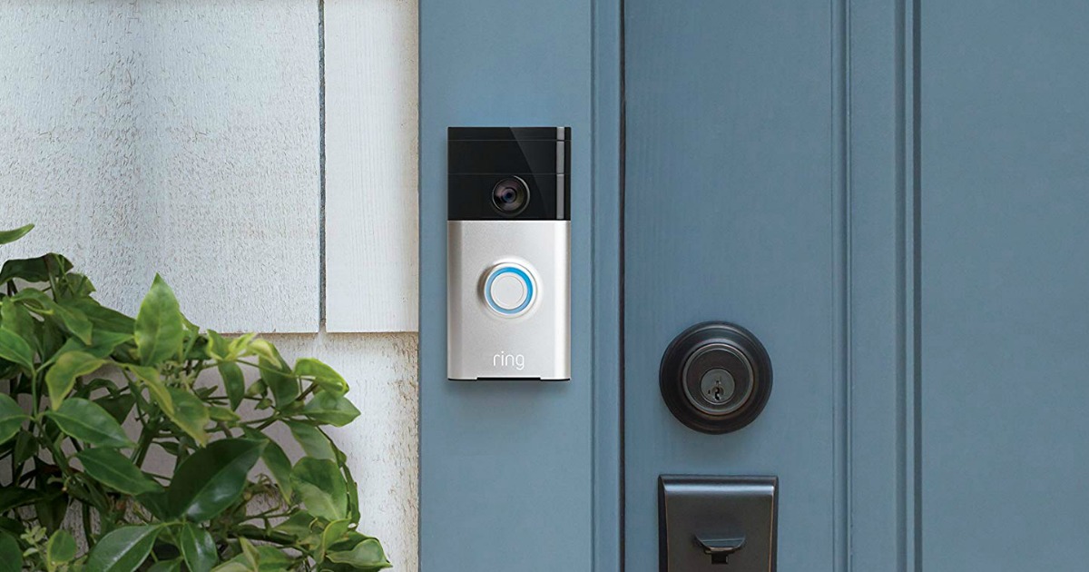 Ring Wi-Fi Enabled Video Doorbell in Satin Nickel on blue door
