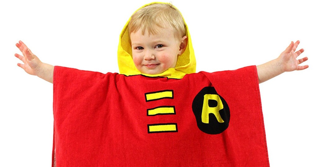 toddler in Batman Red & Green Robin Terry Hooded towel