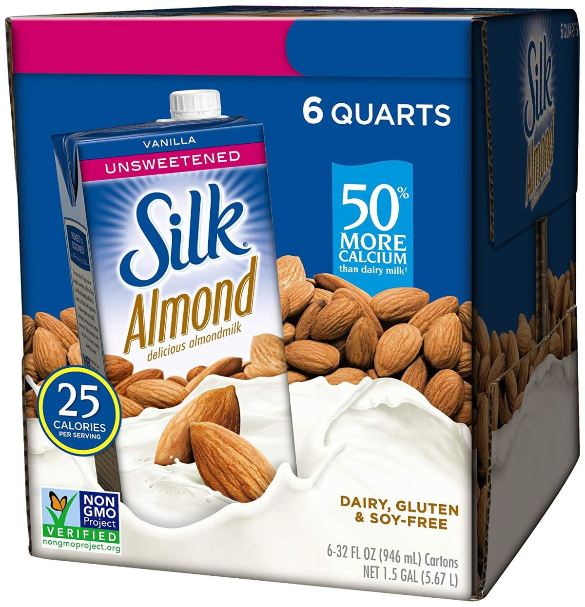 6-pack of Unsweetened Silk Almond Milk in box