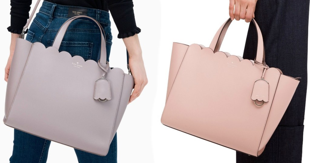 two ladies holding Kate Spade purses - one pink and one purple