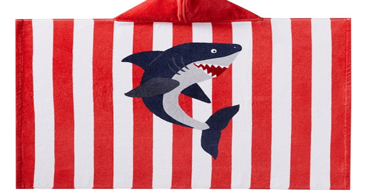 Striped red and white, hooded beach towel for baby, with shark image in the middle