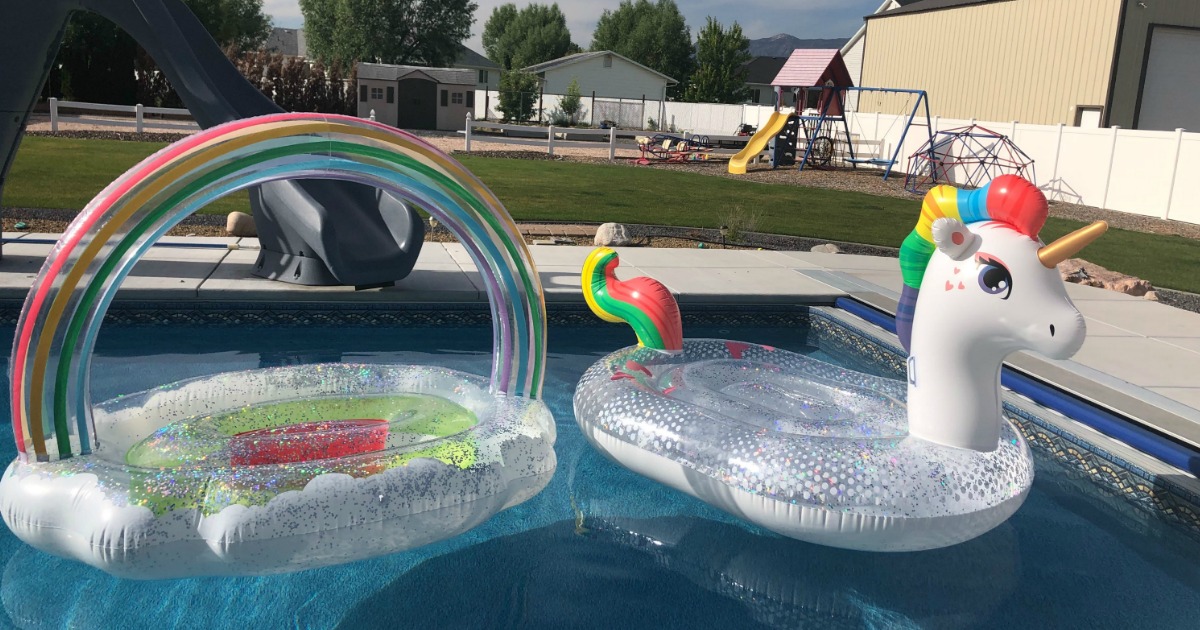 rainbow and unicorn glitter floats in pool
