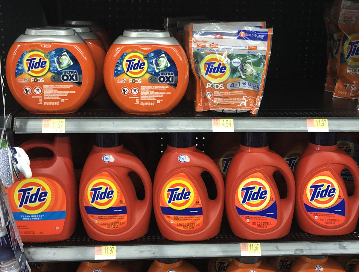 Tide PODS and Liquid detergent on Walmart shelf