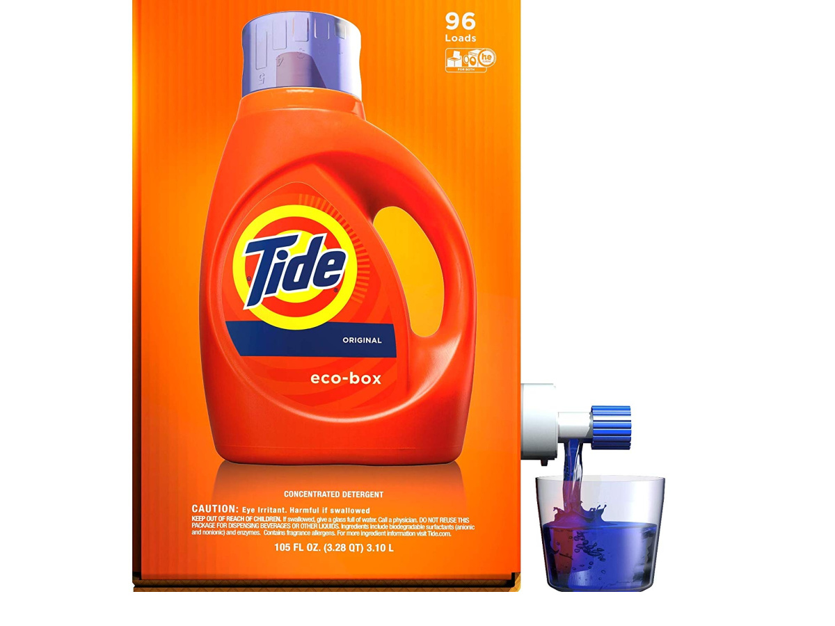 side view of the tide liquid laundry detergent eco-box dispensing detergent