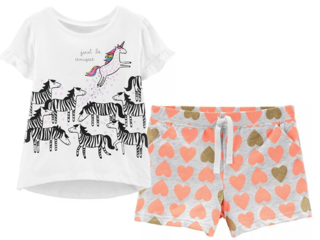 tee with unicorns and zebras, plus shorts with hearts on them