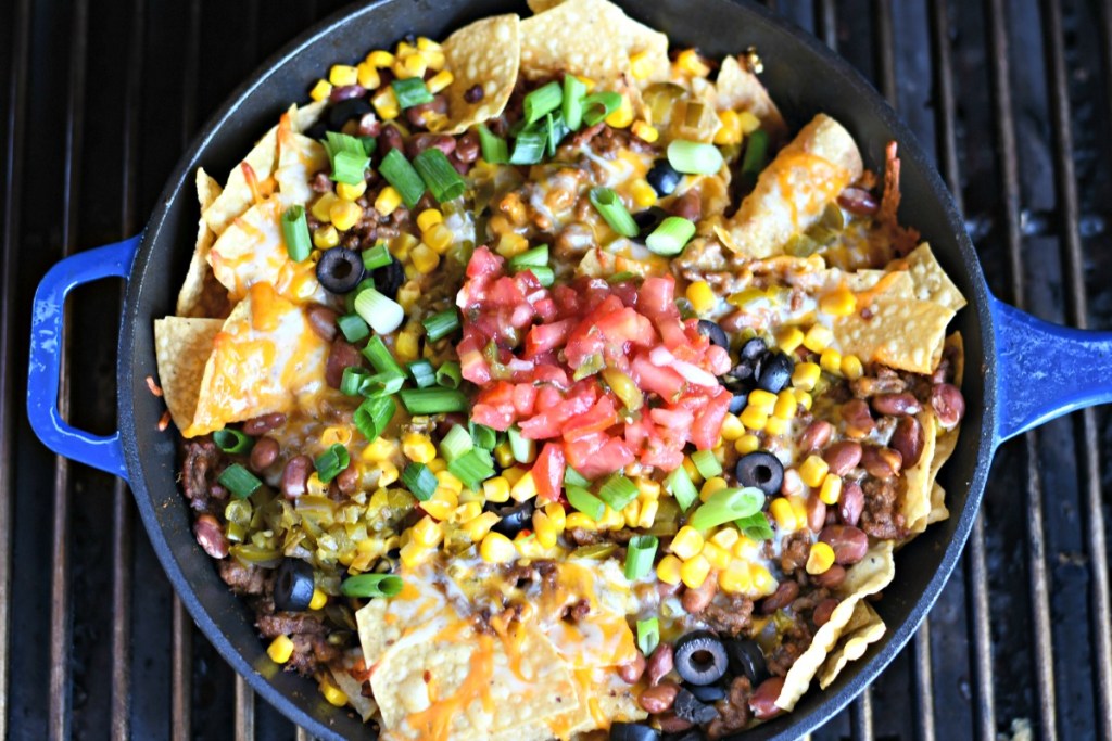 top view of skillet nachos on the bbq grill