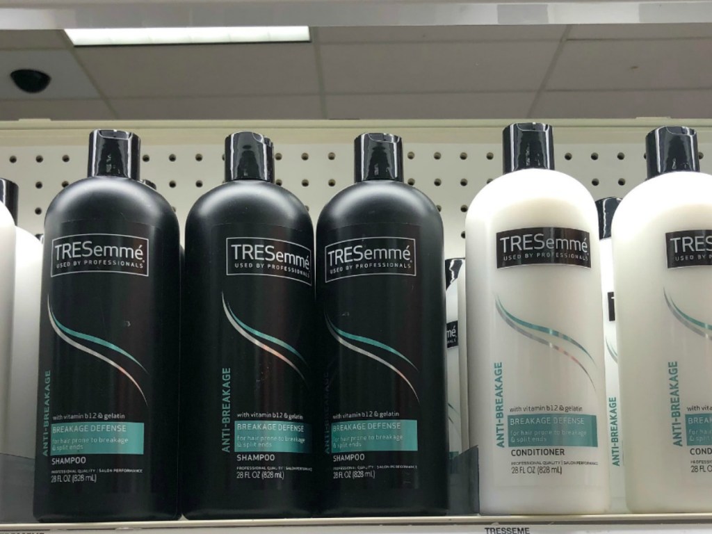 tresemme shampoo and conditioner bottles on store shelf