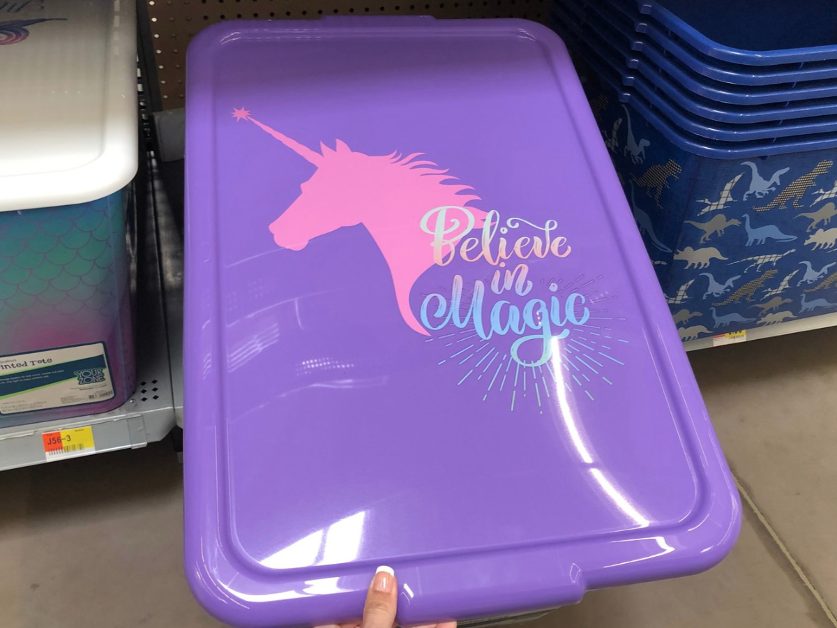 purple plastic tote lid with unicorn and Believe in Magic quote