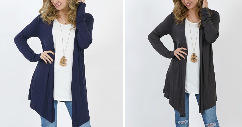 navy blue and gray women's drape cardigans