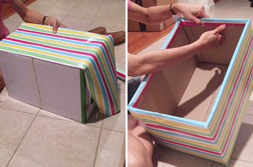 wrapping cardboard boxed with decorative wrapping paper