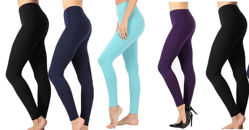 black, navy, aqua, and plum colored leggings being worn by women