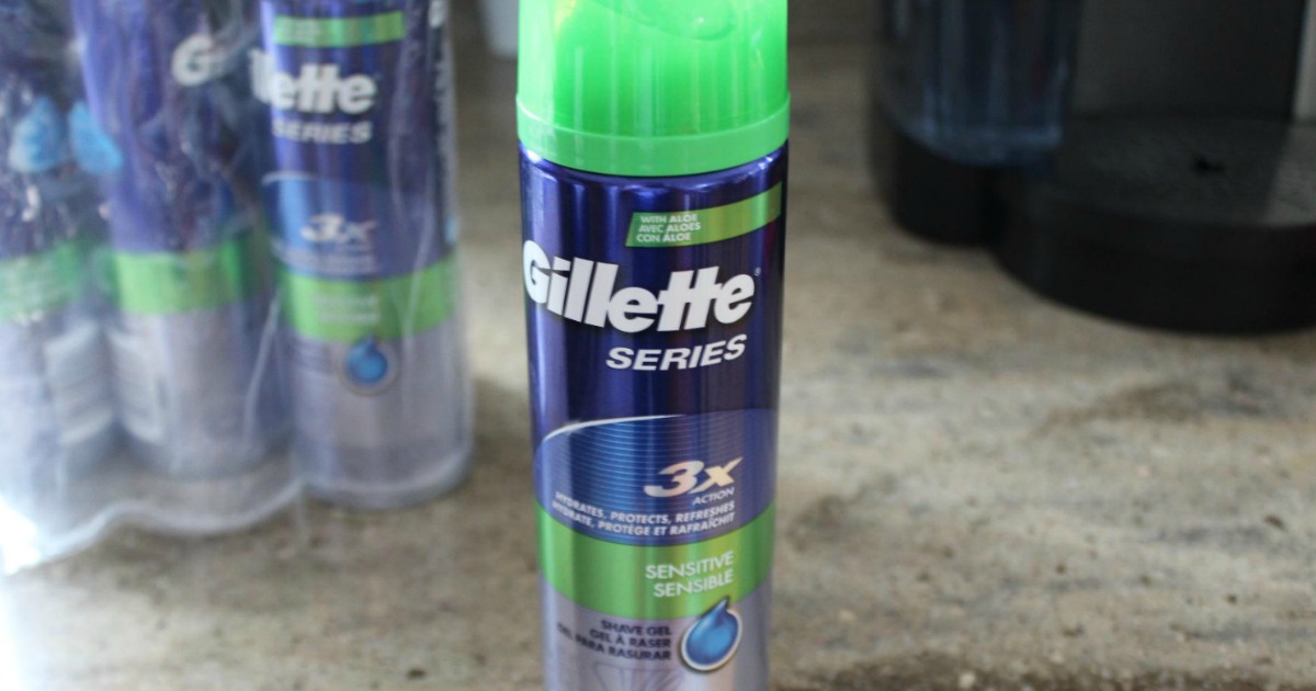 Gillette Sensitive Shave Gel bottle on counter