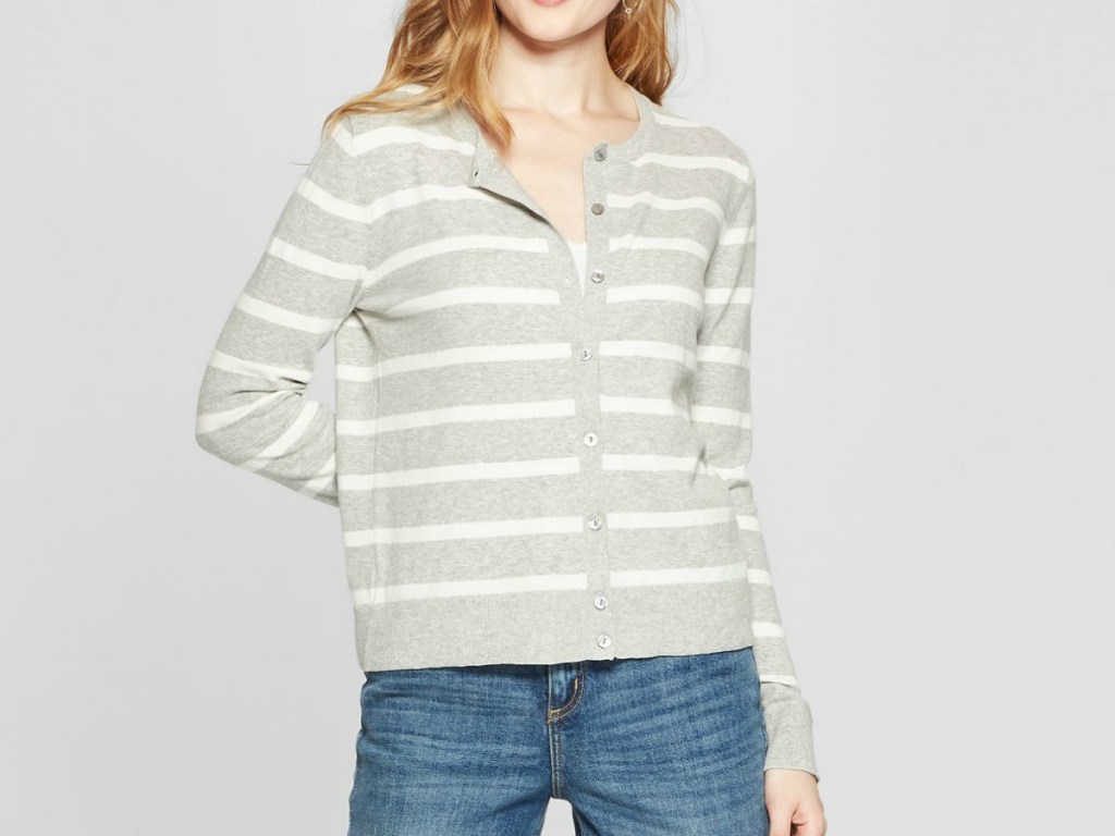 gray and white striped cardigan on model