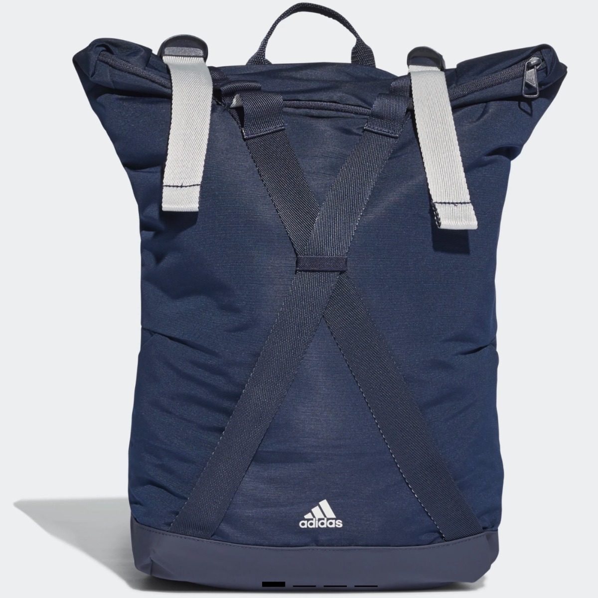 Navy blue sports bag with light gray straps from adidas