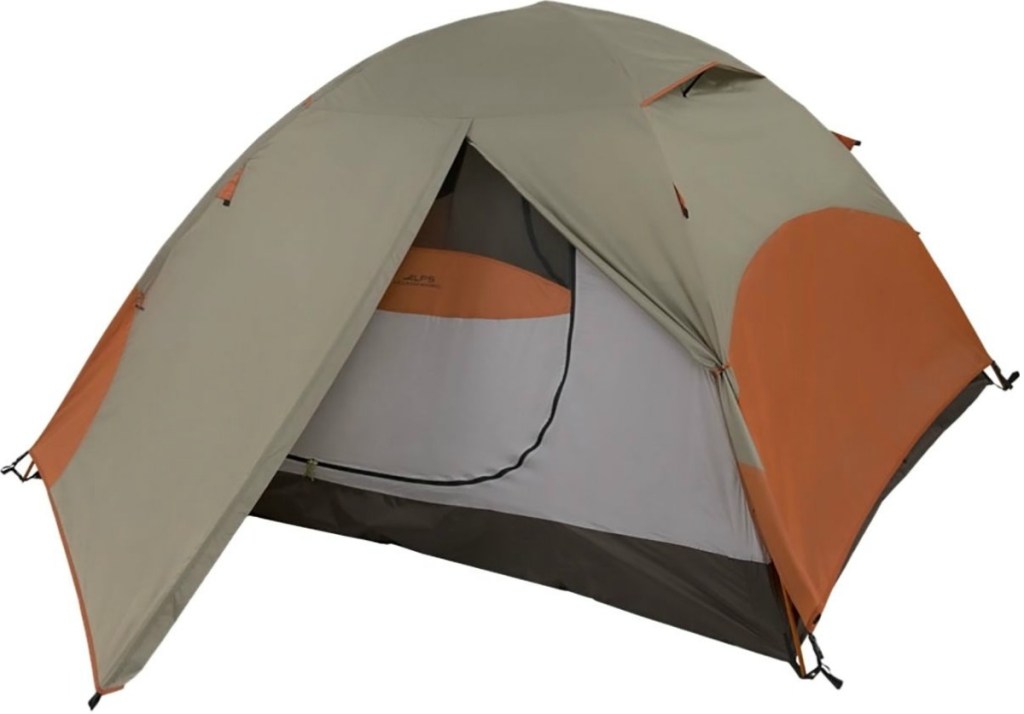 Two person tent with orange trim on white background
