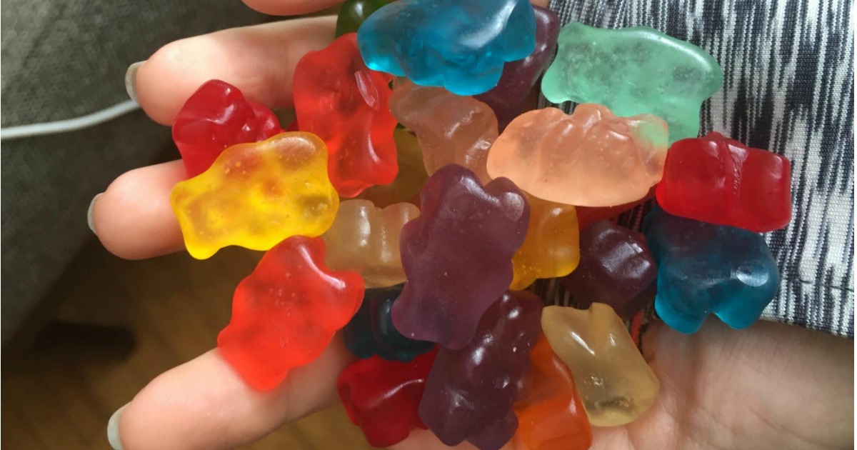 Albanese Gummi Bears being held in a woman's hand